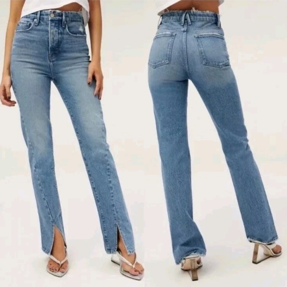 Good American Good Boy Twist Slit Jeans Size 2/26 Straight Leg High Rise